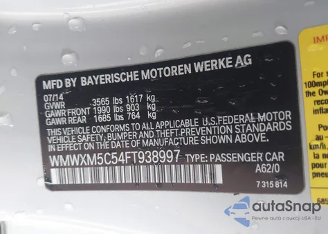 2015 Mini Hardtop Cooper z USA, uszkodzony, nr VIN WMWXM5C54FT938997